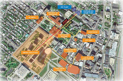 Map of the facilities served by the proposed Empire State Plaza microgrid project in downtown Albany. (Click to enlarge.) Image credit: Cogen Power Technologies