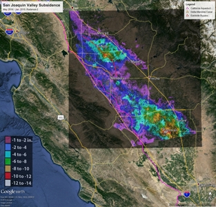 Total subsidence in California's San Joaquin Valley from May 3, 2014 to Jan. 22, 2015, as measured by Canada's Radarsat-2 satellite. Two large subsidence bowls are centered on Corcoran and south of El Nido. Image source: Canadian Space Agency/NASA/JPL-Caltech