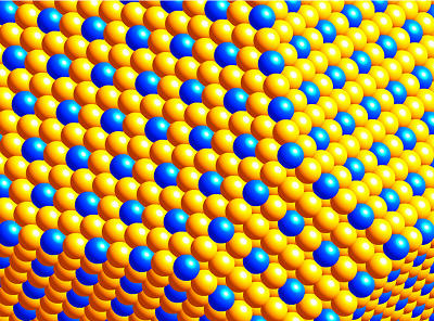 Platinum atoms (blue) are surrounded by gold atoms (yellow). This structure maximizes the platinum catalyst&rsquo;s efficiency. Source: Dalhousie University
