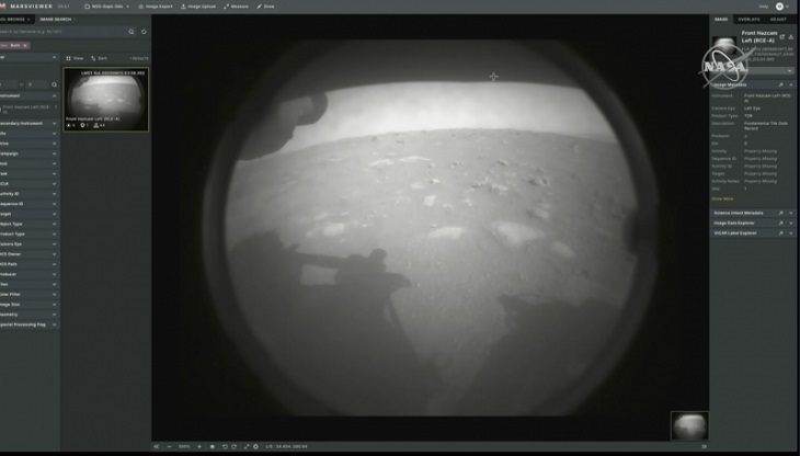 The Perseverance rover took its first image of the Martian surface moments after touching down on February 18, 2021. Source: NASA TV