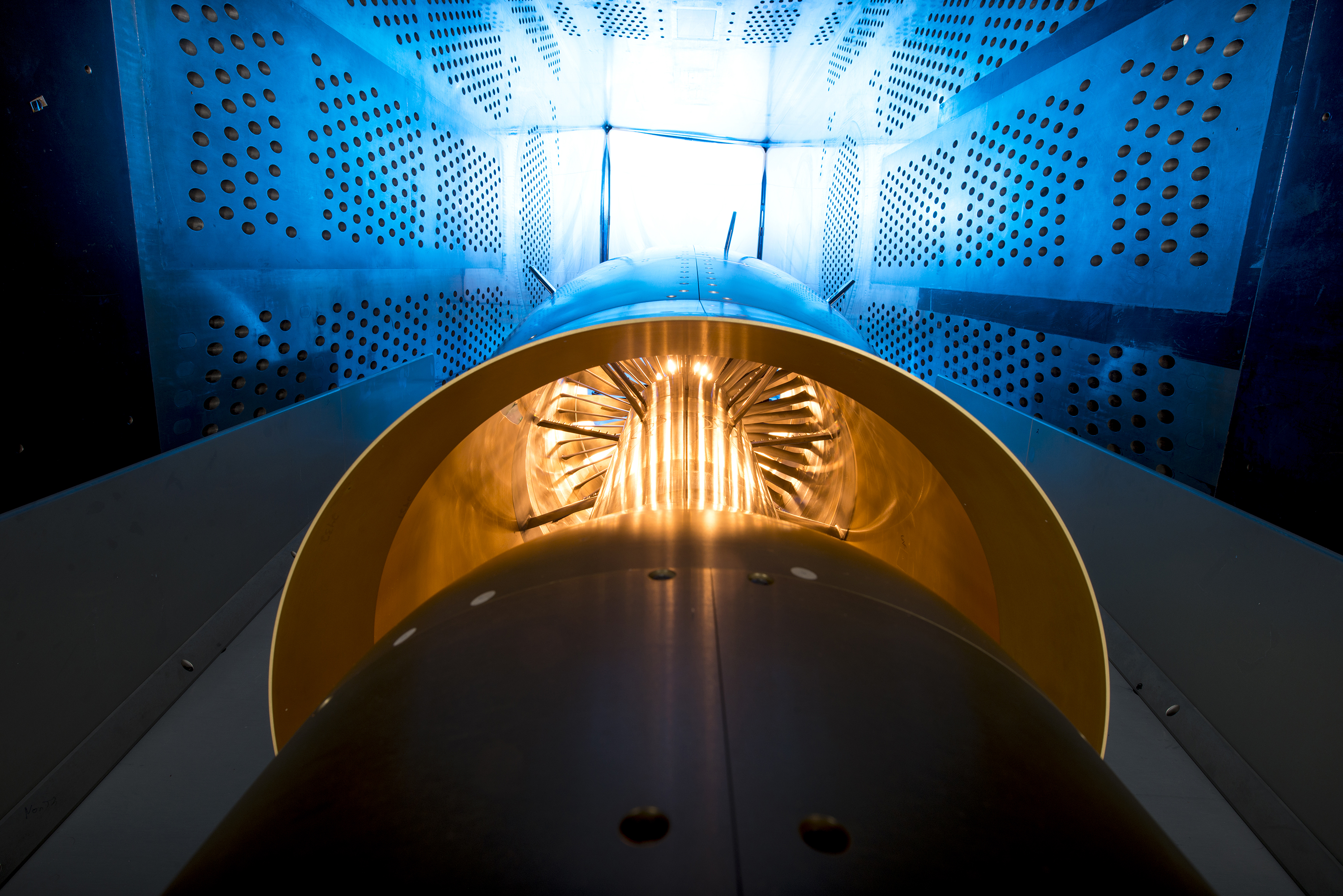 A fan and inlet design exploiting boundary-layer ingestion (BLI) is tested in a wind tunnel at NASA’s Glenn Research Center. Credit: NASA