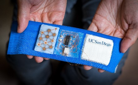 Armband embedded with flexible battery pack (left), stretchable circuit (center), and cooling/heating patch (right). Source: UC San Diego