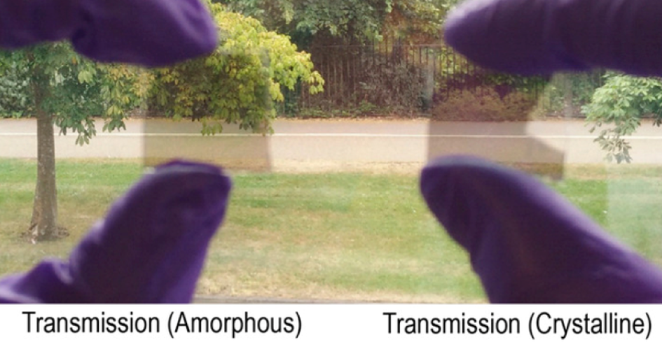 The fabricated smart windows are shown in both states, showing that the transmitted visible light changes very little. Source: Youngblood Photonics Lab