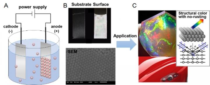 llustration of the electrophoretic deposition (EPD) of sulfone-containing nano-latex shows negatively charged nano-particles in suspension migrating towards the positive electrode. Source: Nagoya Institute of Technology