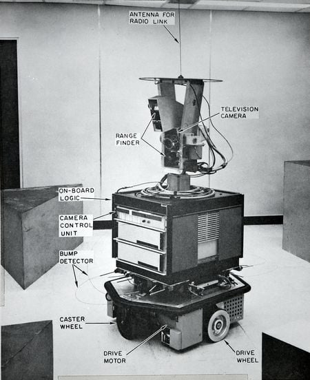 Shakey in 1972, with its primary components labeled. It used an antenna as its radio link to a DEC PDP-10 mainframe computer. Photo by SRI International.
