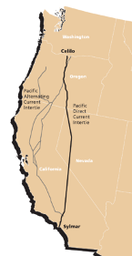 Path of the Pacific Intertie HVDC electric power transmission line.