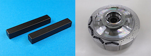 A heavy rare earth-free magnet (left) and a rotor for the i-DCD drive motor. Image credit: Honda Motor Company.