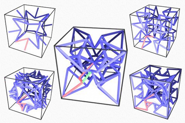 New software identified five different families of microstructures, each defined by a shared "skeleton" (blue) that optimally traded off three mechanical properties. Source: MIT