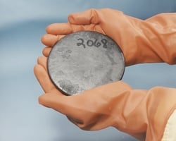 Billet of highly enriched uranium recovered from scrap processed at the U.S. Y-12 National Security Complex Plant.