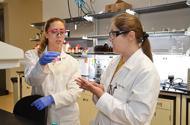 Dr. Keen (right) and Ph.D. student Nicole Kennedy-Neth working with a lab sample. Source: UNCC