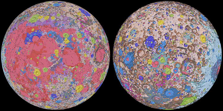 Orthographic projections of the unified geologic map of the moon showing the geology of the Moon’s near side (left) and far side (right) with shaded topography from the Lunar Orbiter Laser Altimeter. Source: NASA//USGS