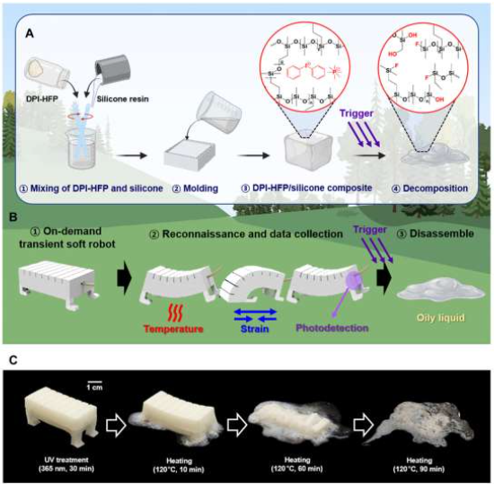 Overview of transient DPI-HFP/silicone composites and a lifetime configurable soft robot. (A) Fabrication process of a transient DPI-HFP/silicone elastomer composite and its decomposition response upon application of a trigger. (B) Illustration of a lifetime configurable gaiting robot capable of sensing the surrounding environment and disassembling the entire system via trigger application whenever necessary. (C) Time-lapse image of the gaiting robot undergoing decomposition at 120&deg;C for 30 min after exposure to UV light (365 nm). Source: Science Advances (2023). DOI: 10.1126/sciadv.adh9962