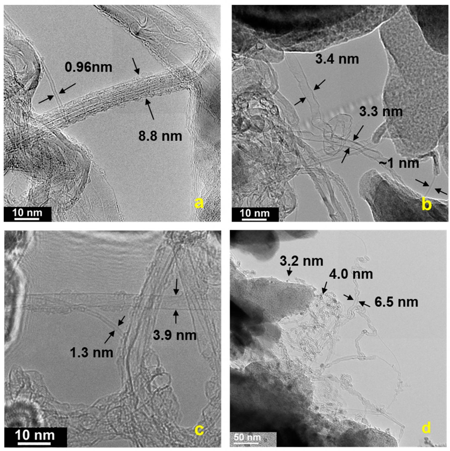 TEM images of raw carbon soot grown on kaolin sized paper showing (a) roped single-walled carbon nanotubes (SWCNTs) helically wrapped by a SWCNT, and large SWCNTs, (b) collapsed, (c) folded, and (d) twisted nanotubes. Scale bar = 10 nm (a-c) and 50 nm (d). Source: Rice University