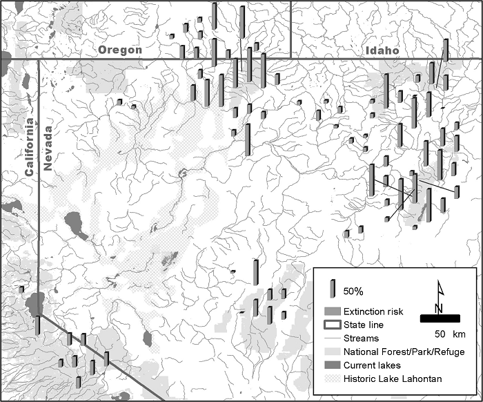 Map of extinction risks for current Lahontan cutthroat populations. Source: Ecological Society of America