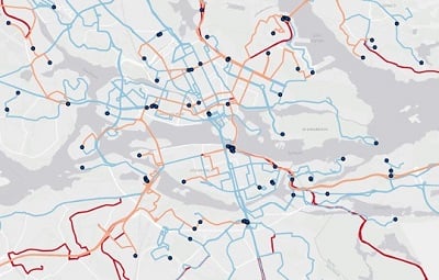 A map of bus lines in Stockholm showing where electrical lines with wireless charging would be possible. The red lines represent biodiesel, blue lines represent electrical / conductive charging and orange lines electric / inductive charging. Credit: IIASA