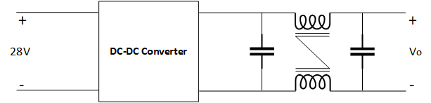 Figure 4: DC-DC converter with a common-mode choke and two capacitors (Pi-Filter) connected at the output. Source: VPT, Inc.