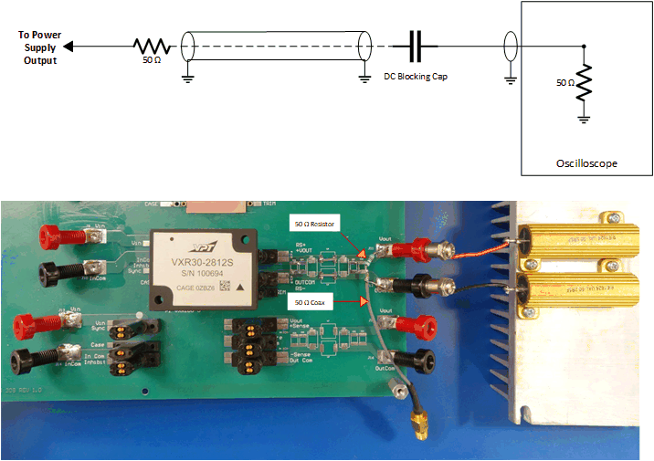 Figure 6: Low impedance probe technique with coaxial cable terminated to the 50 ohm oscilloscope. When done properly, this method is less susceptible to radiated EMI. Source: VPT, Inc.