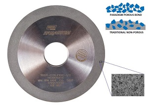 Figure 1. Norton Paradigm grinding wheel and magnified image of highly uniform, porous metal bond structure. Source: Norton | Saint-Gobain Abrasives