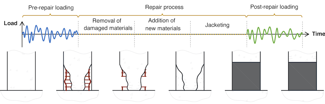 This illustration shows the sequence of earthquake damage and repair involved in restoring columns to their original strength. Illustration by Mohammad Salehi