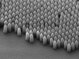 Photograph of the pyramid-like nanostructures engraved onto glass. Image credit: Alaric Taylor/UCL.