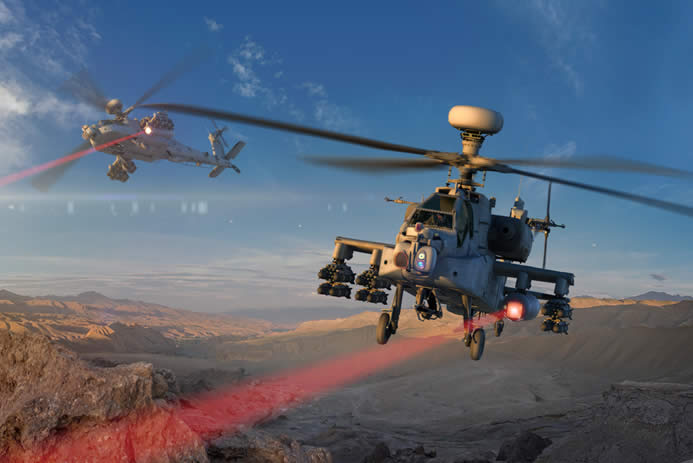 High energy lasers mounted on Apache helicopters were tested by Raytheon and U.S. Special Operations Command. Credit: Raytheon