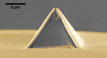 Fiber nanoimprinting accelerates fabrication of nano-optical devices, such as this pyramid-shaped Campanile probe imprinted on an optical fiber. Source: Berkeley Lab