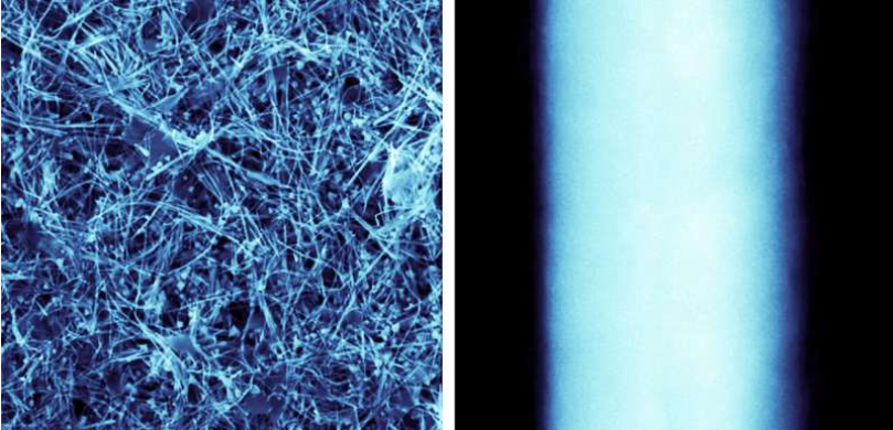 Left: Scanning electron microscopy image of the CuNW network on a copper-sprayed surface. Right: Up-close image of CuNW nanowire, which is about 60 nm in diameter, approximately 100x smaller than a human hair. Source: U.S. Department of Energy Ames National Laboratory