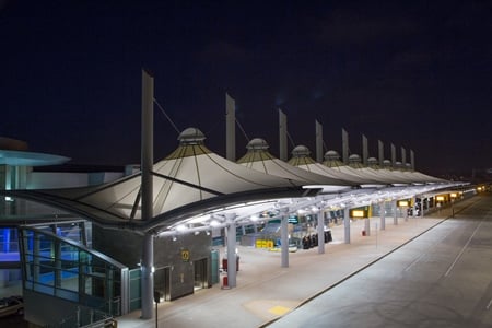 Fabric architectural elements have found a permanent home in airports, such as the arrival area at the San Diego, Calif., airport. Image source: Fabritek Structures.