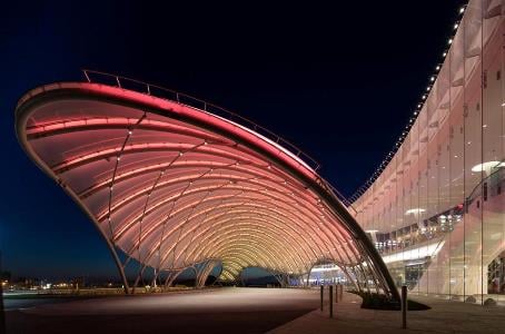 An ETFE foil pillow roof system creates the entrance at the Empire City Casino in Yonkers, N.Y. Image source: FTL Design Engineering Studio