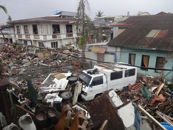 Destruction in Basey, Samar after Typhoon Yolanda passed over the town in 2013. Credit: Lawrence Ruiz via Wikipedia