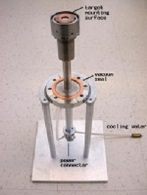 Figure 2. A magnetron sputter gun showing the target-mounting surface, the vacuum feedthrough, the power connector and the water lines. Source: Chaiken / CC BY-SA 3.0