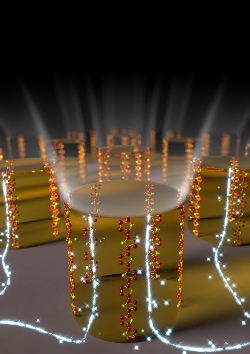Depiction of vertically aligned chains in organic semiconducting polymer.