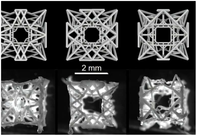 Three perspectives of a support scaffold model (top) and printed (bottom). Source: Soft Robotics Lab/ETH Zurich