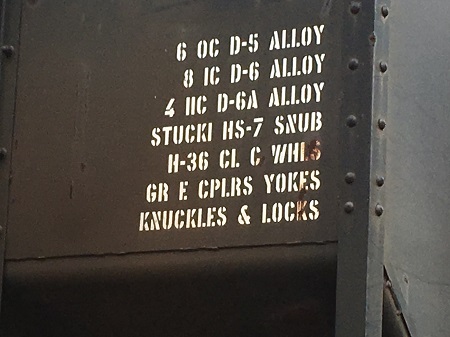 Markings indicating various types of steels on a stored coal car near North Creek, N.Y. A freight car's materials of construction likely pose little risk to the environment. Source: Engineering360 / Jonathan Fuller