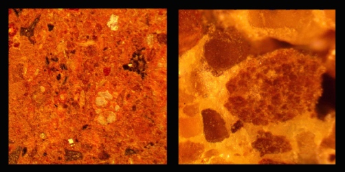 The Martian concrete (left) has smaller particles than conventional sulfur concrete. Image credit: Northwestern University.