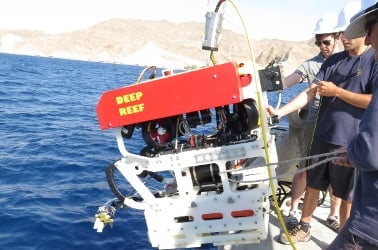 The soft robotic gripper is attached to the remotely operated vehicle. Image credit: Kevin Galloway/Wyss Institute.