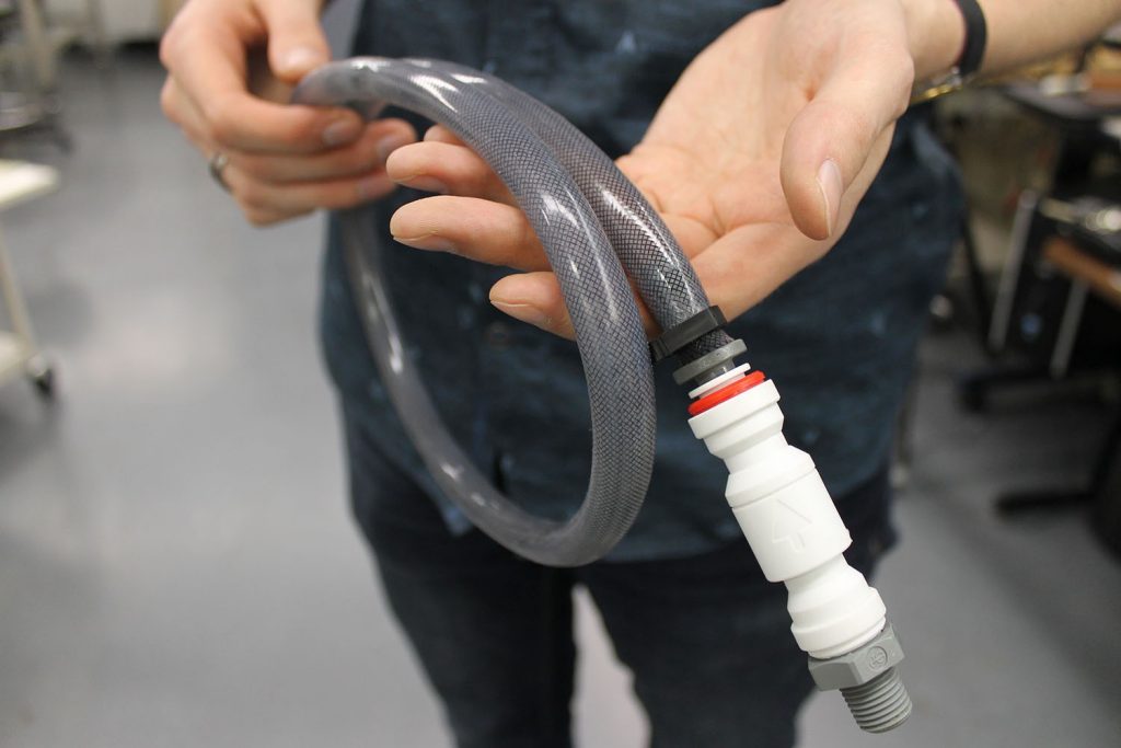 The pump’s tubing, made of fluidic flexible composite material, is shown as a small scale model for experimentation during Phase I of the study. The full size wave-to-water prototype system pump would measure up to 80 cm in diameter and be between 20 to 40 m in length. Source: Jama Green/Virginia Tech.