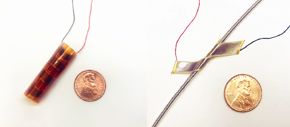 Buckled beam array (left) and cantilever energy harvester are the two devices being tested to eliminate pacemaker batteries. Source: Dartmouth College