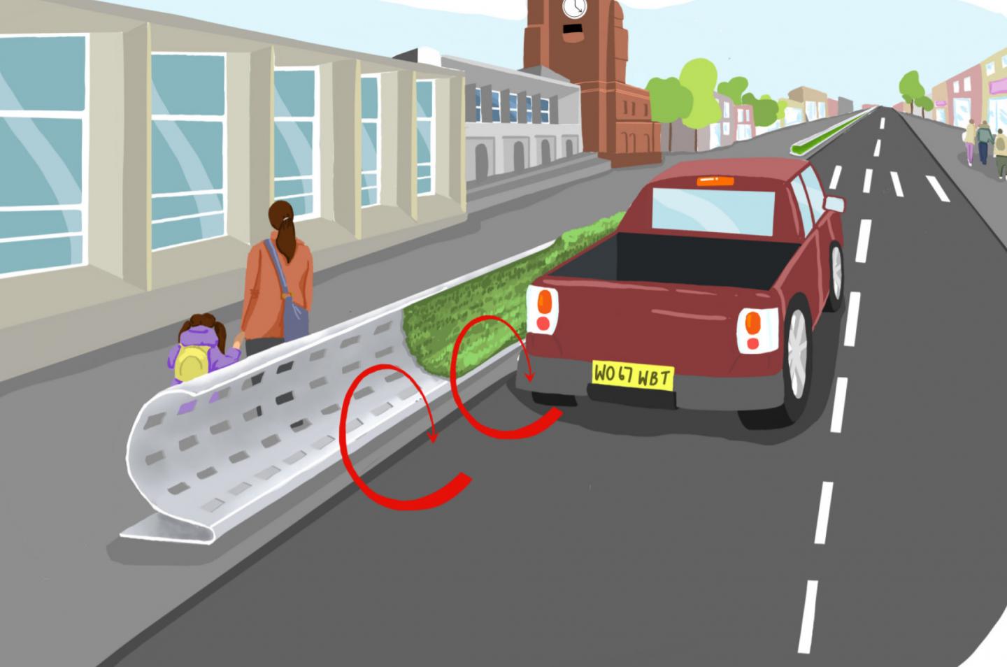 The curved barriers deflect pollution away from pedestrians and back onto the road. Source: Imperial College London