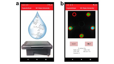 Screenshots of the smartphone app of the cyanotoxin sensor. a) Welcome page. b) Data analysis page. Source: North Carolina State University