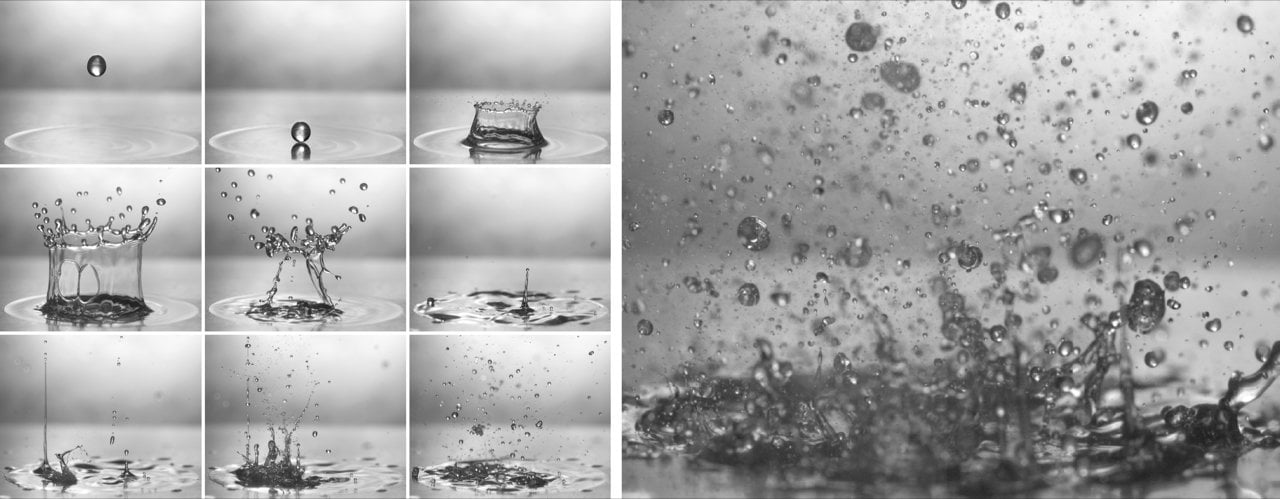 Impingement and vaporization of a 5-millimeter water droplet onto a 3-millimeter film of hot canola oil. The image to the right, shot just half a second after the water first contacts the oil, shows a plethora of droplets that are released. Some droplets are submicron and can remain airborne for more than 30 minutes. Source: Marston Research Group, Texas Tech University
