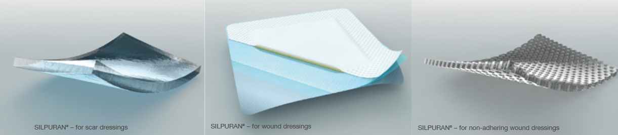 Figure 1: SILPURAN medical grade silicone pressure sensitive adhesives for traditional scar and non-adhering wound closure dressing applications. Image credit: Wacker Chemical Corp.