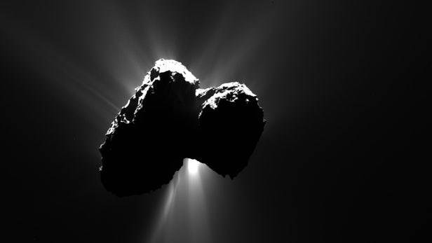 Image of Comet 67P/Churyumov-Gerasimenko, the resting place of the Rosetta spacecraft and Philae lander, as seen in 2015 from a distance of 317 km (197 miles). Source: ESA/Rosetta/NAVCAM – CC BY-SA IGO 3.0