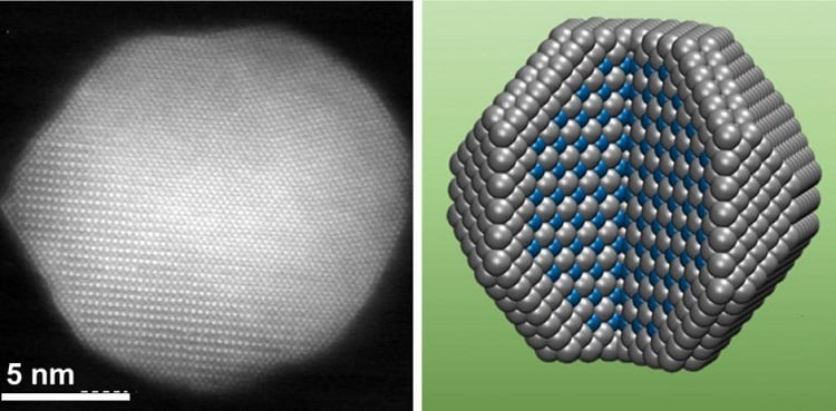 The catalyst combines an outer shell of platinum atoms (grey spheres in the rendering on the right) with ordered layers of platinum and cobalt atoms (blue spheres) in its core. The ordered layers help to tighten the shell and protect the cobalt, which makes that catalyst more reactive and durable. Source: Sun Lab/Brown University