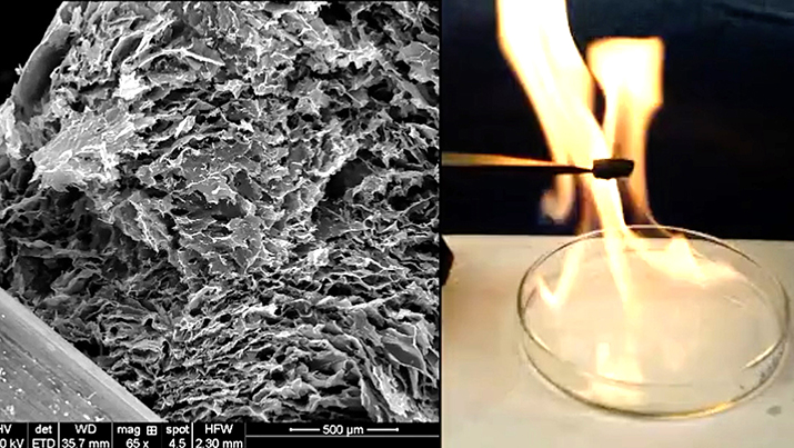 A new composite material is viewed with a scanning electron microscope, while its flame resistance is put to the test. Image credit: Purdue University.