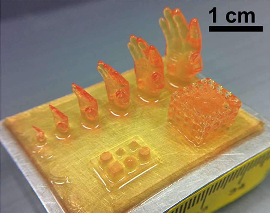 Researchers made a series of small scale models of the 3D-printed hand, as well as other figures. Source: University at Buffalo.