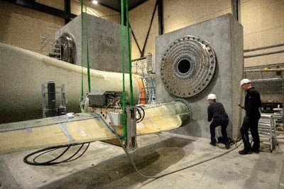 The test stands accommodate 15, 25 and 45 m wind turbine blades. Source: Moog