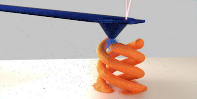 ETH researchers use a movable micropipette (blue) to manufacture tiny copper objects. Image credit: ETH Zurich/Alain Reiser.