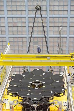The primary mirror of the JWST's IR telescope is composed of 18 sections weighing 20 kg each, and having an overall diameter of 6.5 meters. Image source: NASA.