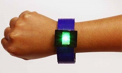 This LED bangle, including a lithium-ion battery, was made entirely by 3D printing. Source:  American Chemical Society
